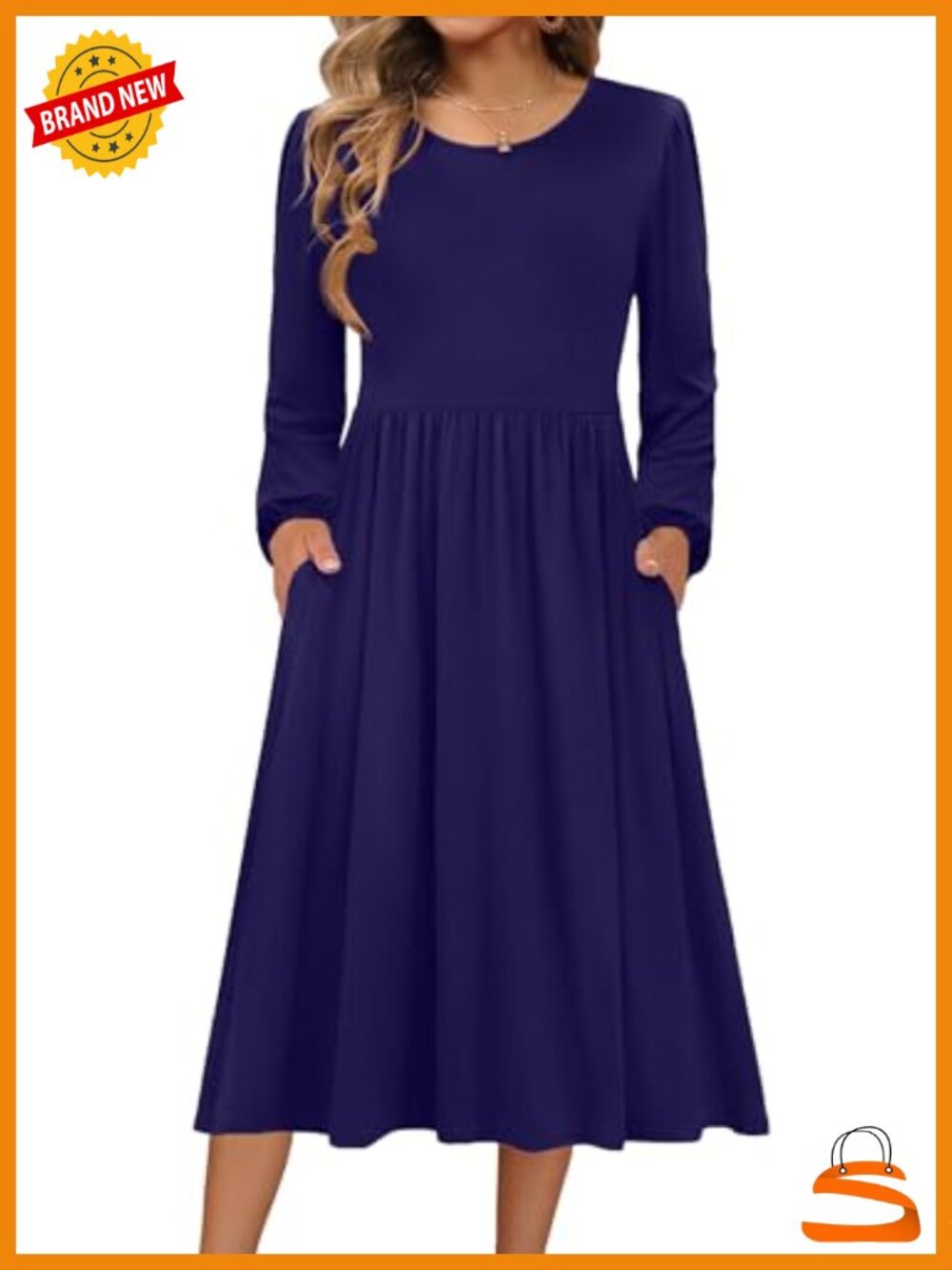 Long Sleeve Flowy A-Line Midi Dress with Pockets